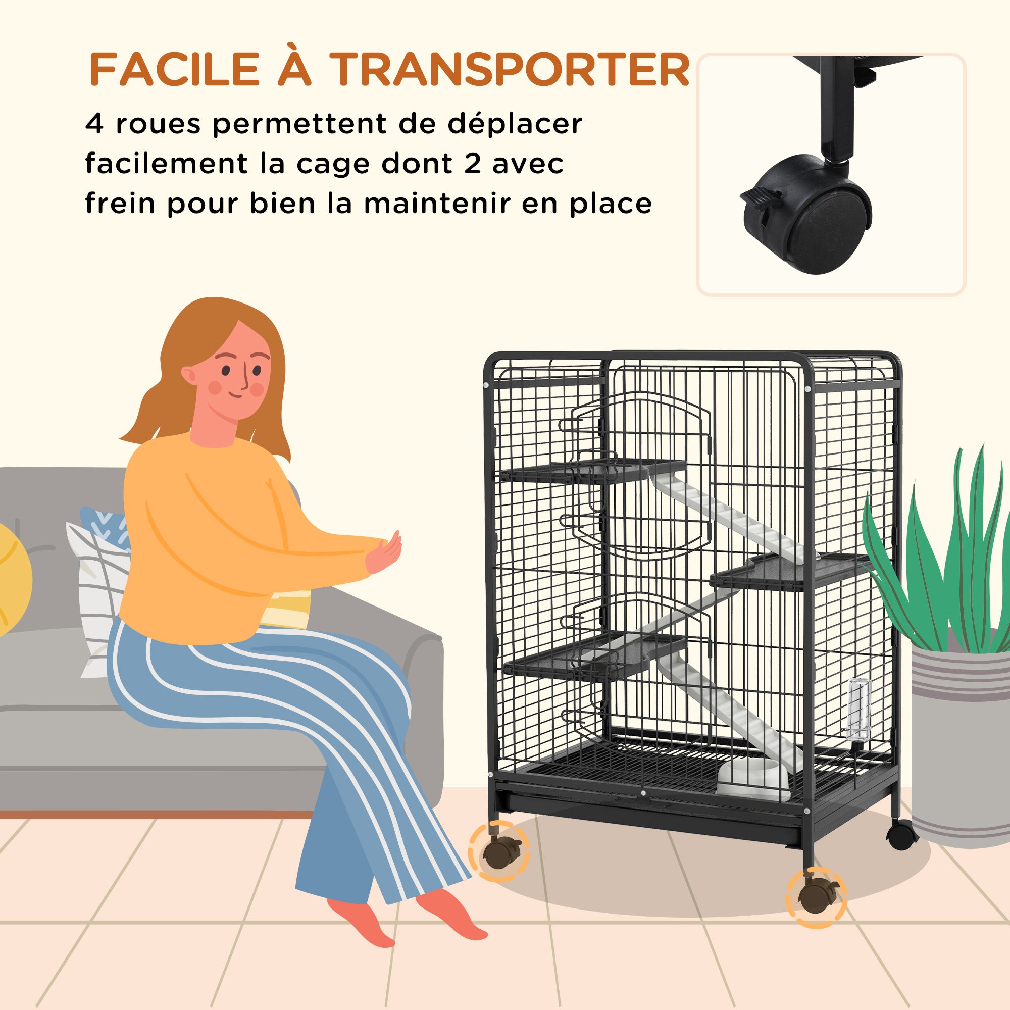 Cage pour rongeurs cage pour Petits Animaux Roulante 3 Rampes 3 Plates-formes Plat et Bouteille d'Eau Bac Inférieur Amovible pour lapin vison d'animaux chinchilla Acier PP 61,5x44x95cm Noire