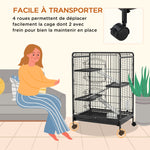 Jaula para roedores, jaula para animales pequeños con ruedas, 3 rampas, 3 plataformas, comedero y botella de agua, bandeja inferior extraíble para conejos, visones y chinchillas, acero PP, 61,5x44x95 cm, negra