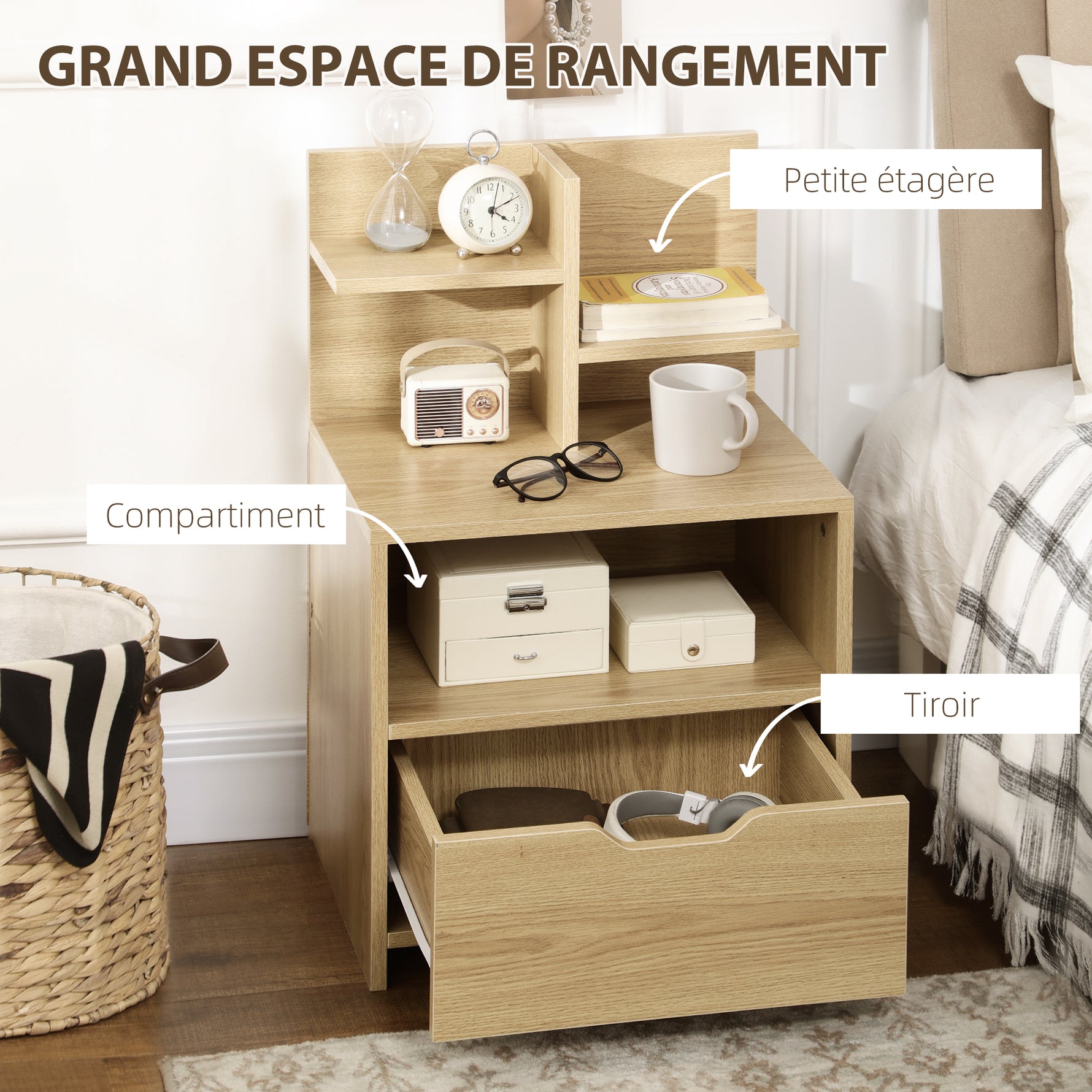 Table de chevet table de nuit avec tiroir, niche et étagères de rangement effet bois 45 x 35 x 73 cm naturel
