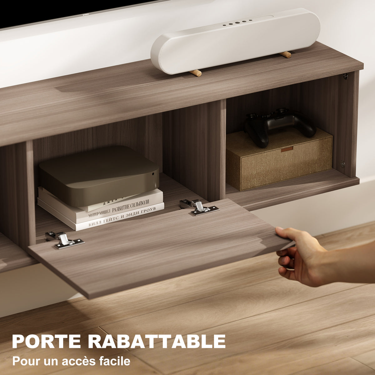 Meuble TV suspendu, Armoire murale avec 2 compartiments ouverts et porte rabattable, 120 x 30 x 29,5 cm, marron