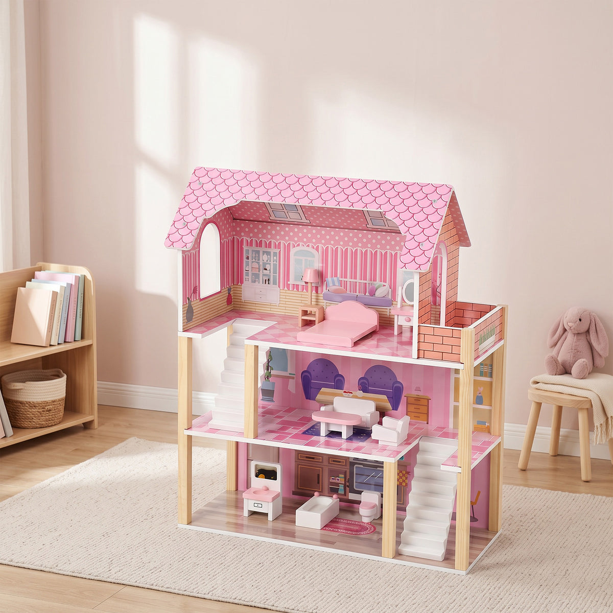 Casa delle Bambole in Legno per Bambini, Casa dei Sogni per Bambine a 3 Piani con Balcone, Scale e 10 Accessori, Rosa