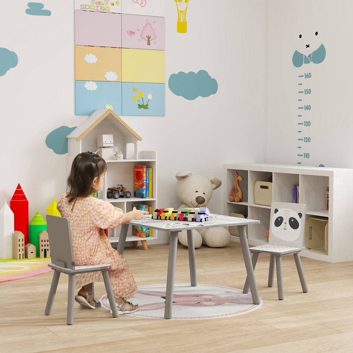 Kindertisch- und Stuhlset, Kindertisch mit 2 Stühlen, Tiermotiv für das Kinderzimmer grau