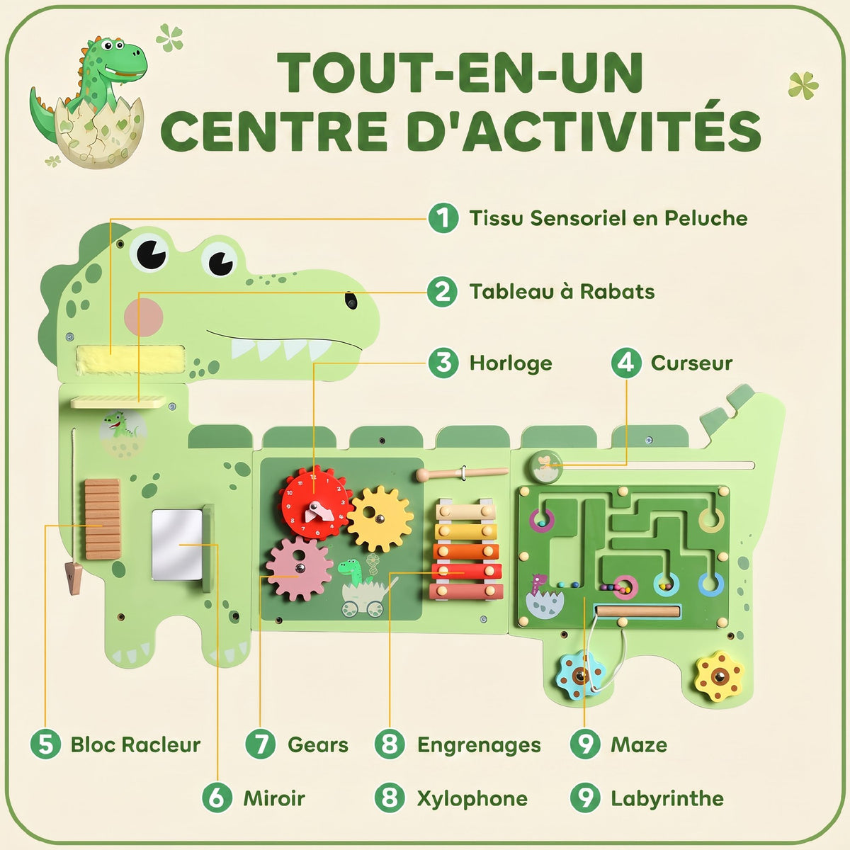 Busy Board Jouet, Tableau d'Activités Murale Dinosaure, Planche Motricité Bébé Educatif pour Garcon Fille 2+ Ans, Vert