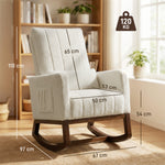 Fauteuil à bascule, rocking chair en flanelle neige rembourré, coussin lombaire, dossier haut, poches latérales, crème