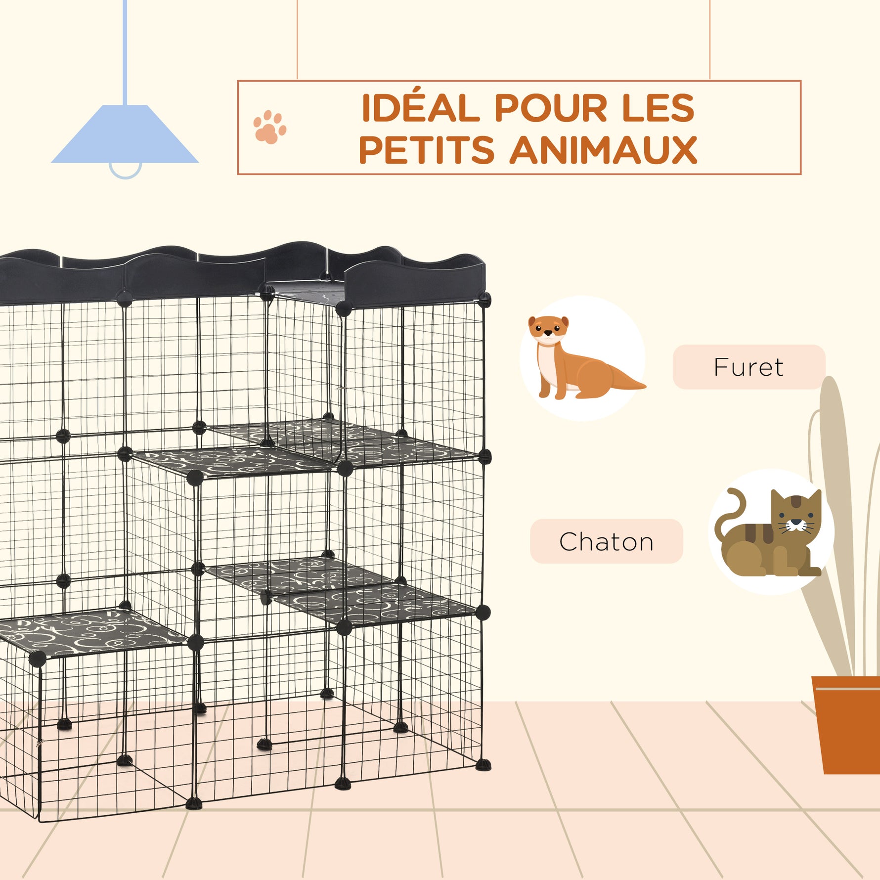 Lot de 2 cages parc enclos pour petits animaux chats visons modulable 3 niveaux 2 portes rampe fil métallique noir
