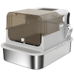 Maison de Toilette pour Chat XXL en Inox, Couvercle 90°, Double Porte, Filtre Frontal, Pelle, 70x50x46,5cm, Gris