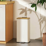 Poubelle de Cuisine 20L, Poubelle avec Pédale, Couvercle en Bambou à Fermeture Douce, Seau Intérieur Amovible, Blanc