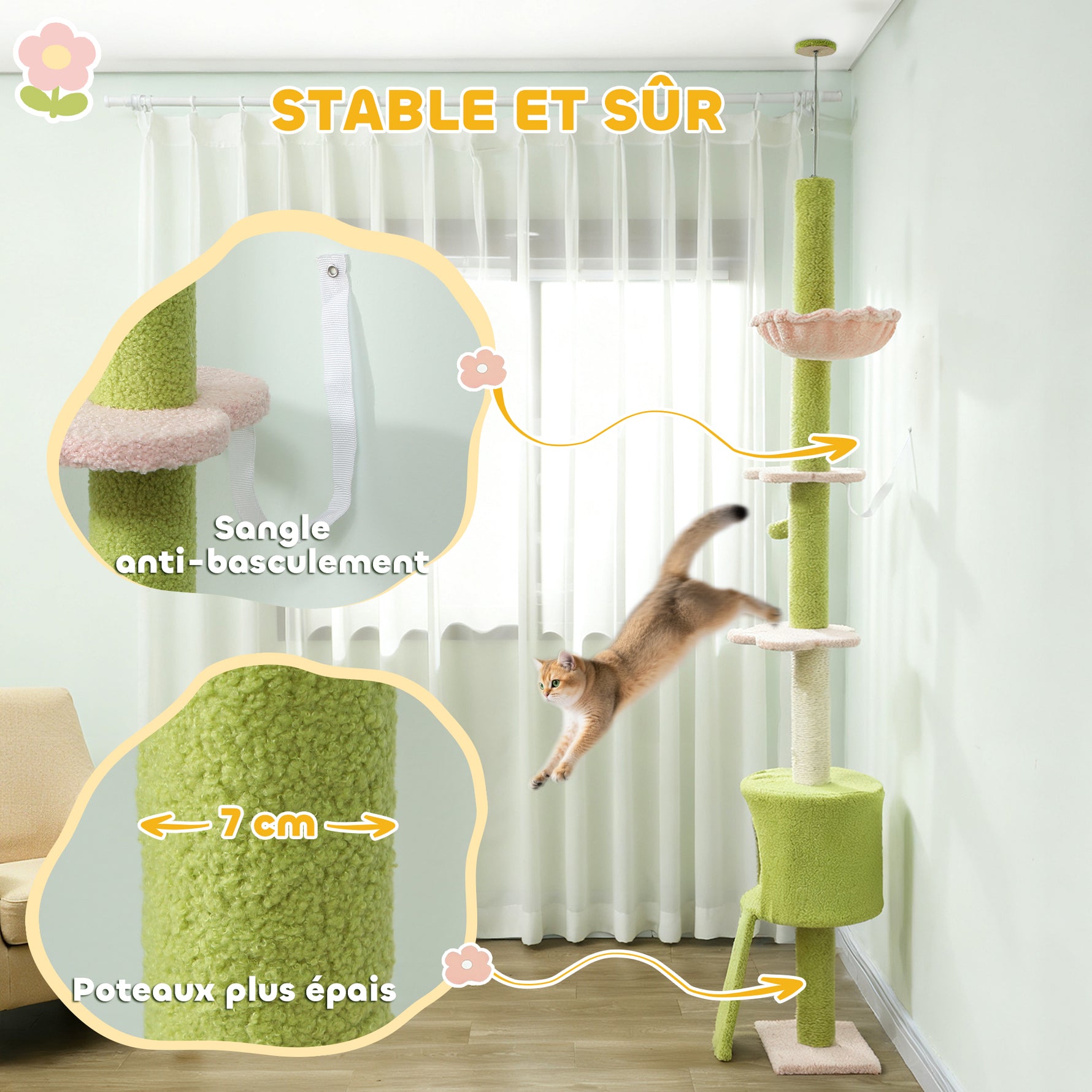 Arbre à chat du sol au plafond 5 niveaux hauteur réglable 220-240 cm plateformes fleur avec griffoir niche hamac vert