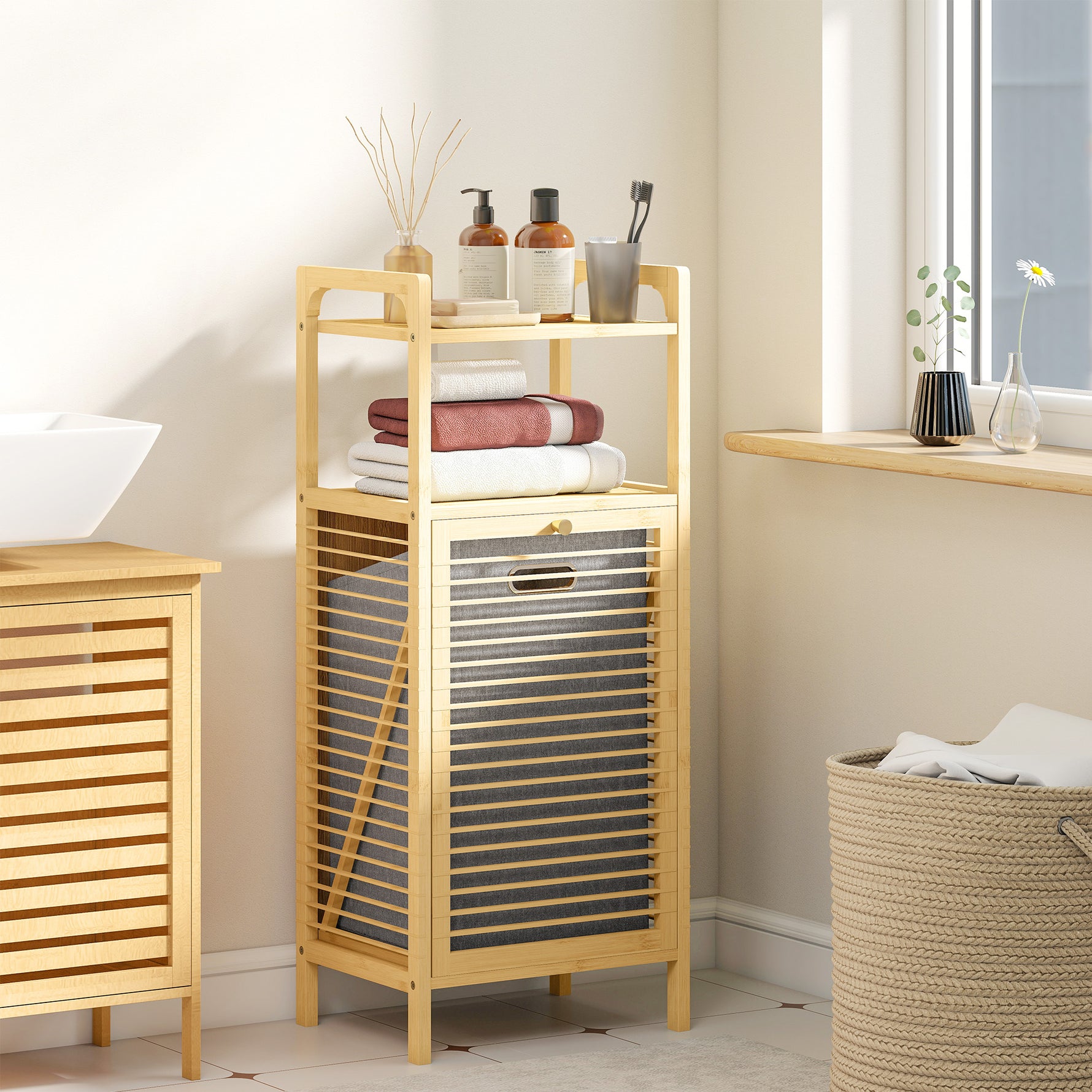 Meuble de rangement en bambou meuble de salle de bain étagère panier à linge basculant 40x30x95cm effet bois naturel