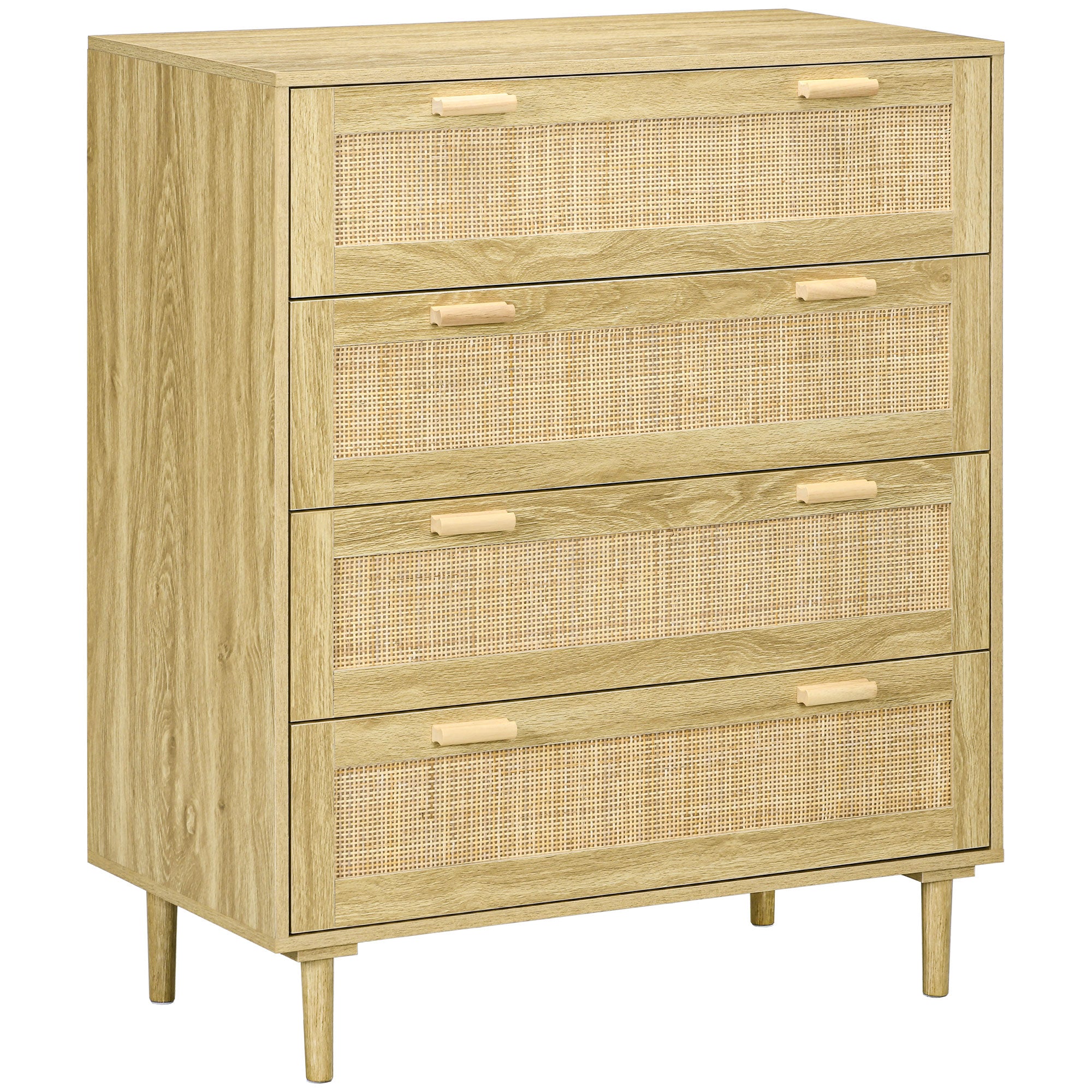 Kommode mit 4 Schubladen, Aufbewahrungsmöbel, Front mit Rattangeflecht, Boho-Stil, Maße 90B x 45T x 108,5H cm, helle Holzoptik