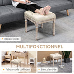 Repose pied salon, ottoman, siège rembourré en tissu aspect lin avec pieds en bois d'hévéa, 40 x 40 x 43 cm, beige