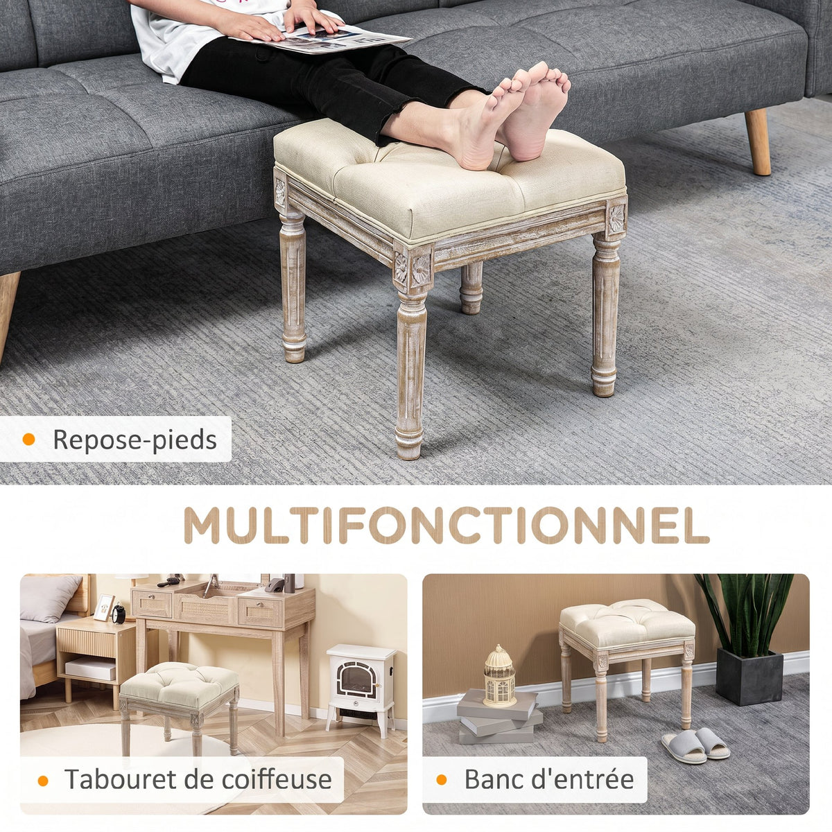 Repose pied salon, ottoman, siège rembourré en tissu aspect lin avec pieds en bois d'hévéa, 40 x 40 x 43 cm, beige