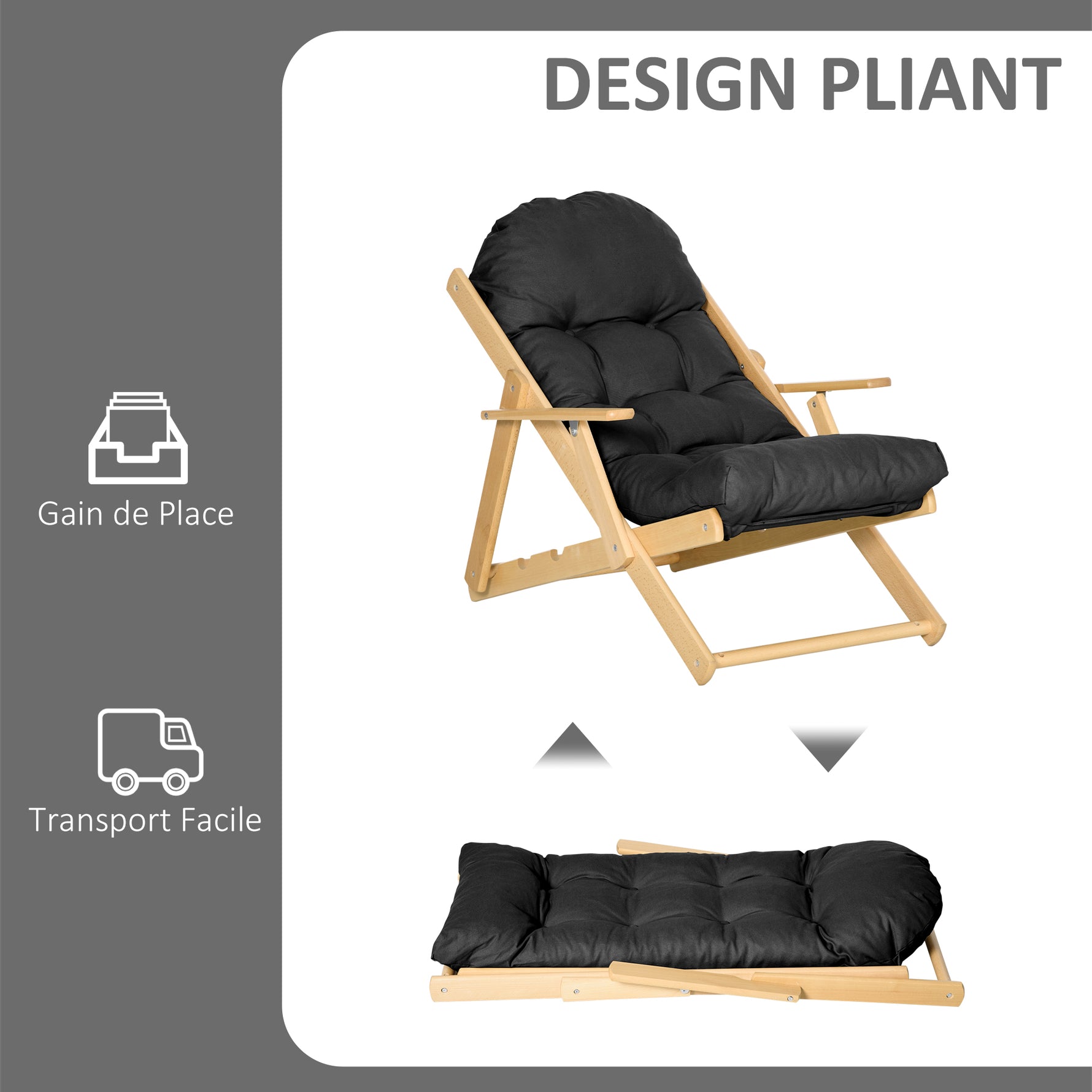 Fauteuil Chaise de Salon Pliable et inclinable en Bois Fauteuil Relax Confortable avec Coussin capitonné épais