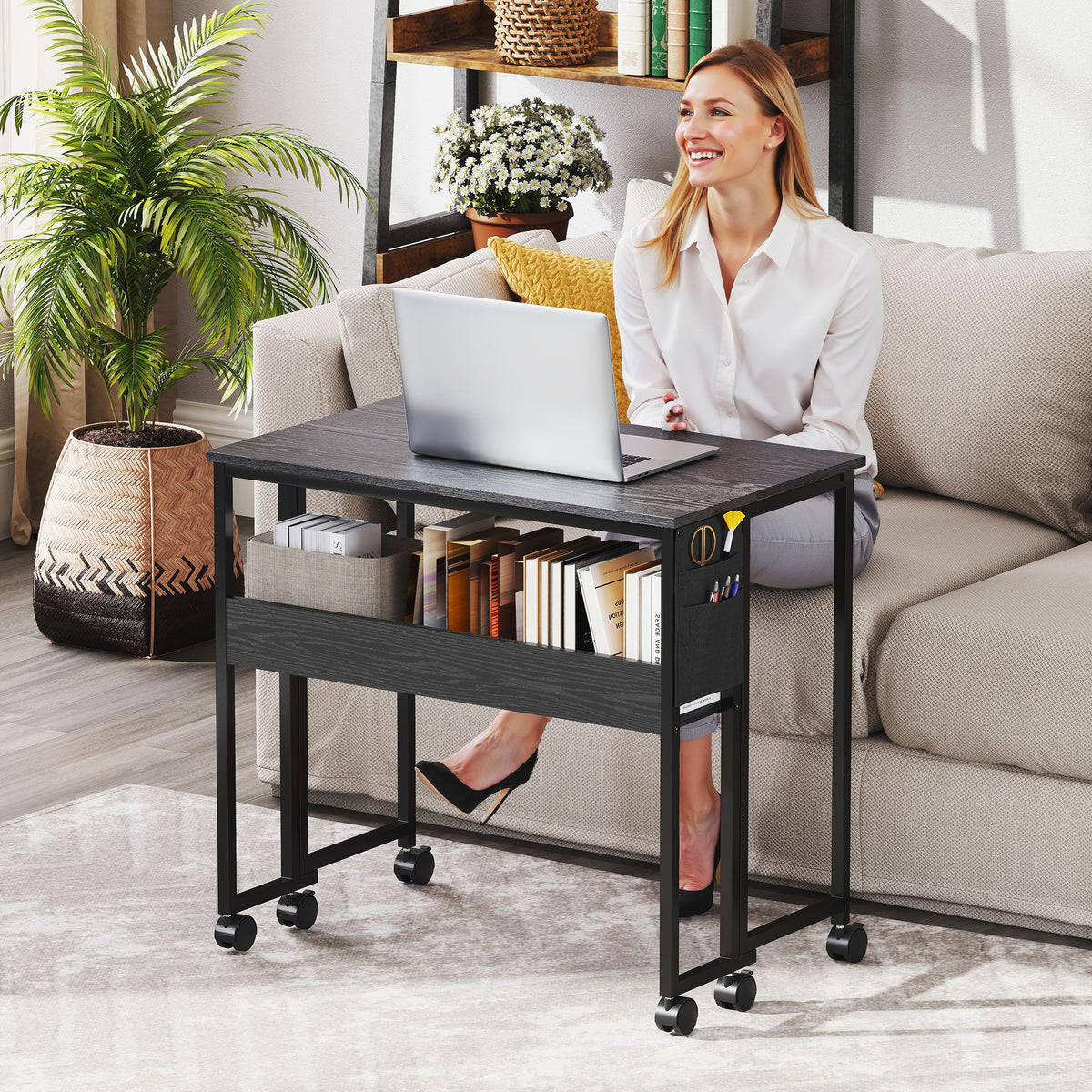 Bureau pliable sur roulettes 80 x 50 cm avec étagère et sac de rangement, noir