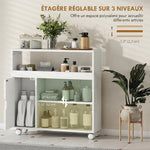 Meuble de Salle de Bain sur Roulettes, Portes en Verre Trempé, Compartiment Ouvert, Étagère Réglable, 71x20x70cm, Blanc