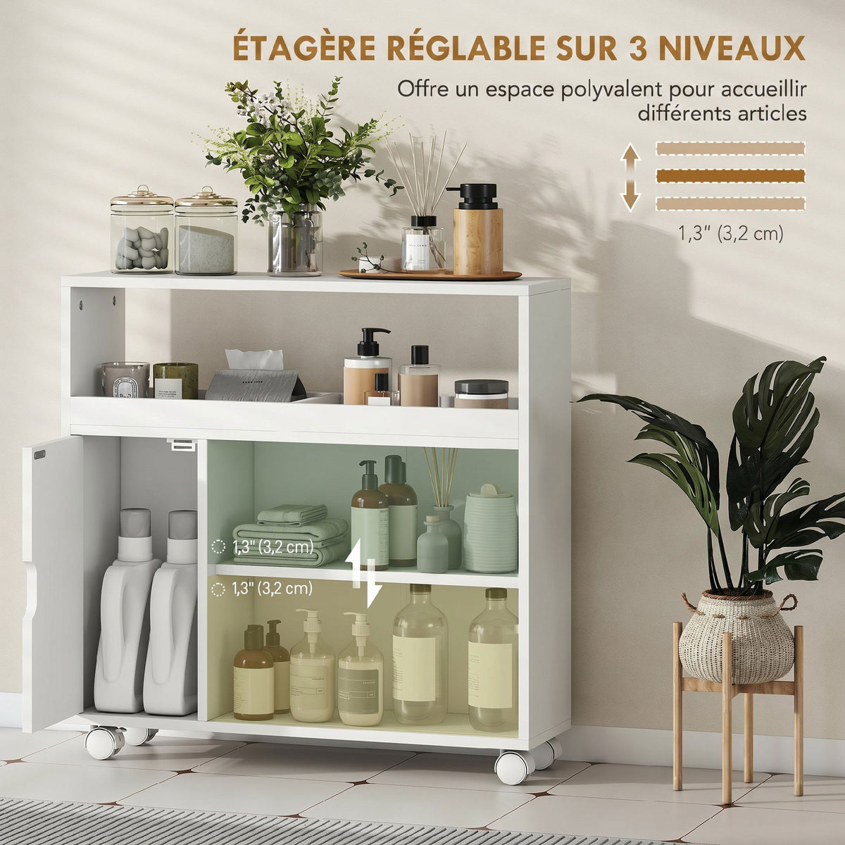Meuble de Salle de Bain sur Roulettes, Portes en Verre Trempé, Compartiment Ouvert, Étagère Réglable, 71x20x70cm, Blanc
