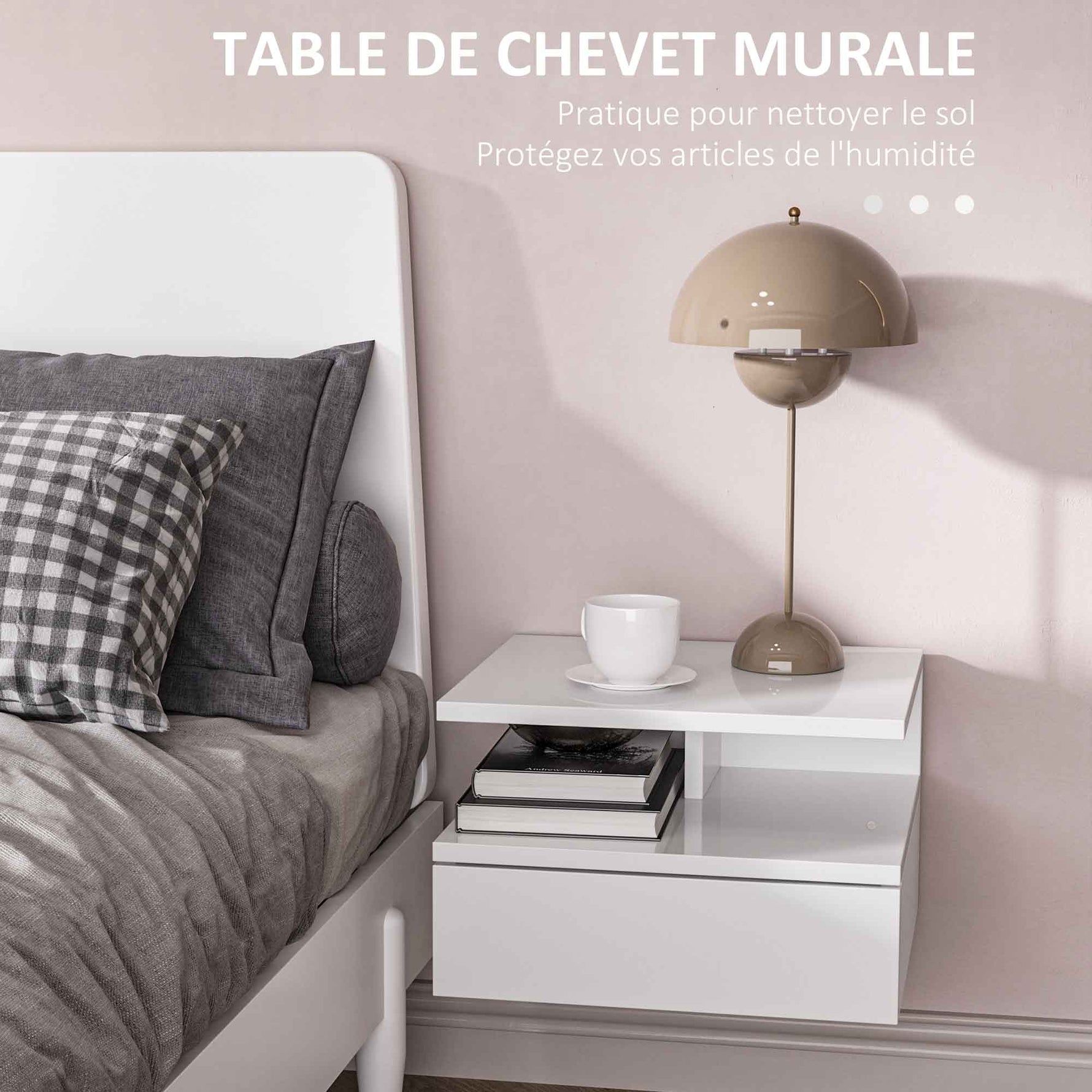 Lot de 2 tables de chevet murales tables de nuit tiroir coulissant, niche, plateau, 35 x 32 x 22,5 cm blanc