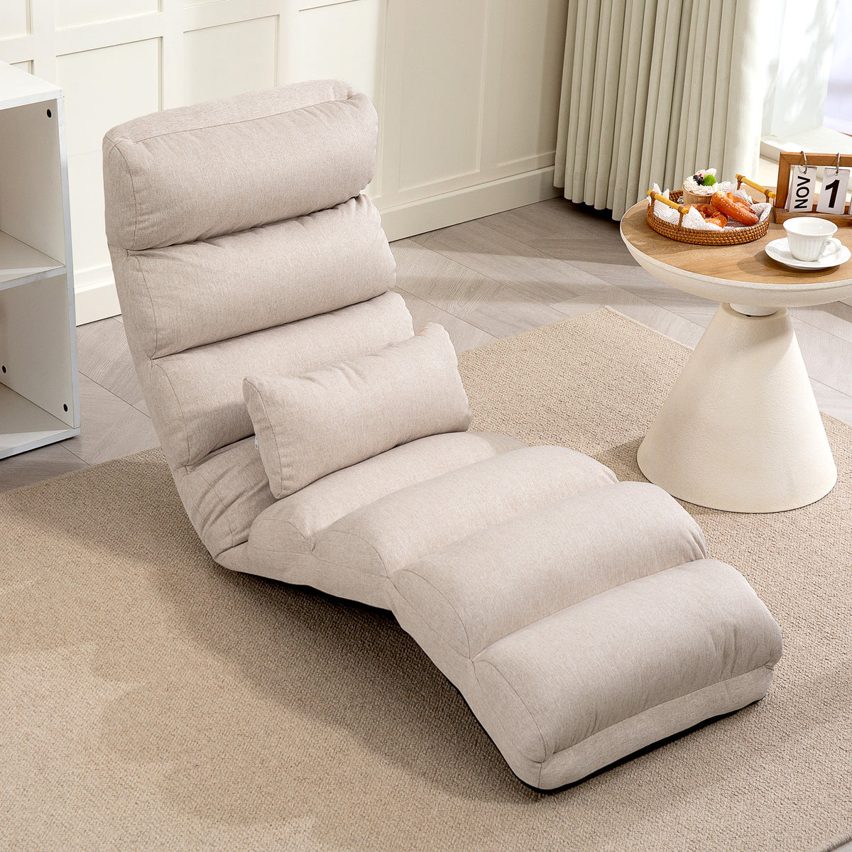 Sillón cama individual con respaldo y reposacabezas ajustables en 5 posiciones, 58x119x78cm, beige