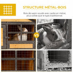 Clapier cage à lapins cottage - niche supérieure avec rampe et enclos extérieur - plateau excrément, fenêtre, 2 portes verrouillables - métal époxy sapin pré-huilé