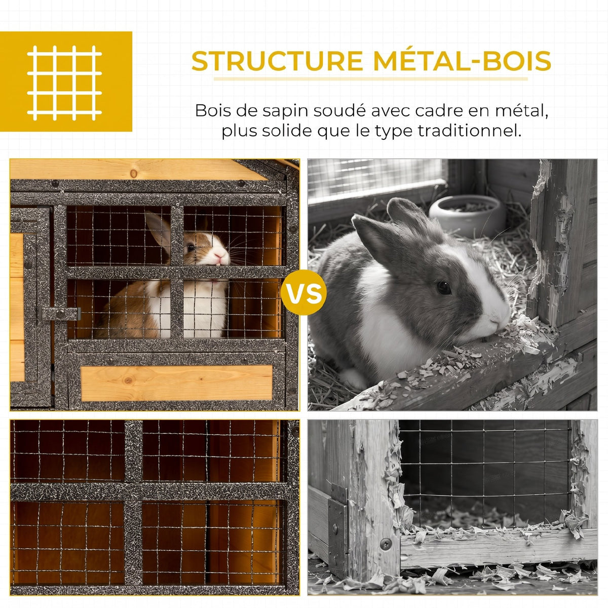 Clapier cage à lapins cottage - niche supérieure avec rampe et enclos extérieur - plateau excrément, fenêtre, 2 portes verrouillables - métal époxy sapin pré-huilé