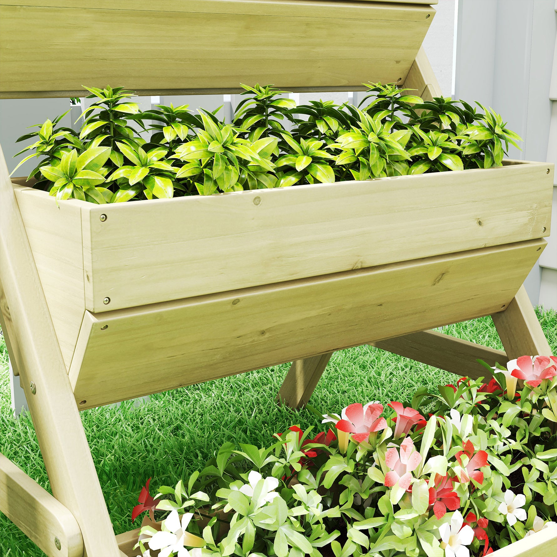 Jardinière surélevée en bois avec 3 étages, étagère en escalier pour plantes avec trous de drainage, 65x75x76cm, vert