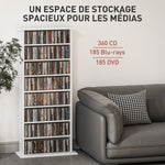 Rangements pour CD et DVD avec 8 compartiments et 6 étagères réglables, capacité max. 360 CD/185 DVD et Blu-ray, blanc