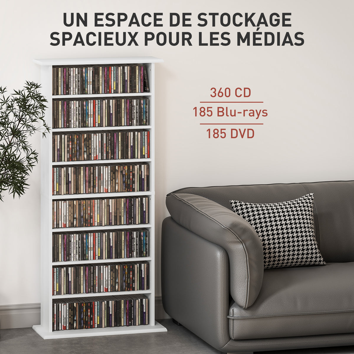 Rangements pour CD et DVD avec 8 compartiments et 6 étagères réglables, capacité max. 360 CD/185 DVD et Blu-ray, blanc