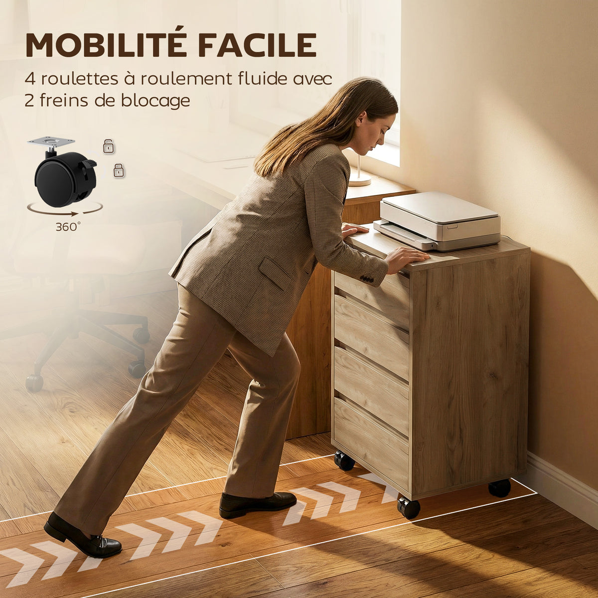 Caisson de bureau rangement bureau sur roulettes 4 tiroirs coulissants en bois aspect bois marron