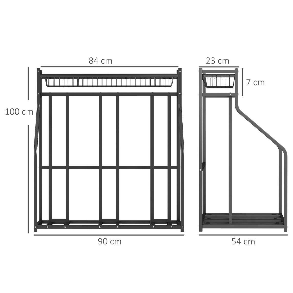 Supporto per biciclette, rastrelliera per 3 biciclette con cestello superiore, 4 ganci, 90 x 54 x 100 cm, nero