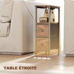 Table d'appoint avec station de charge, table de salon étroite avec 2 tiroirs en tissu, étagère ouverte, brun rustique