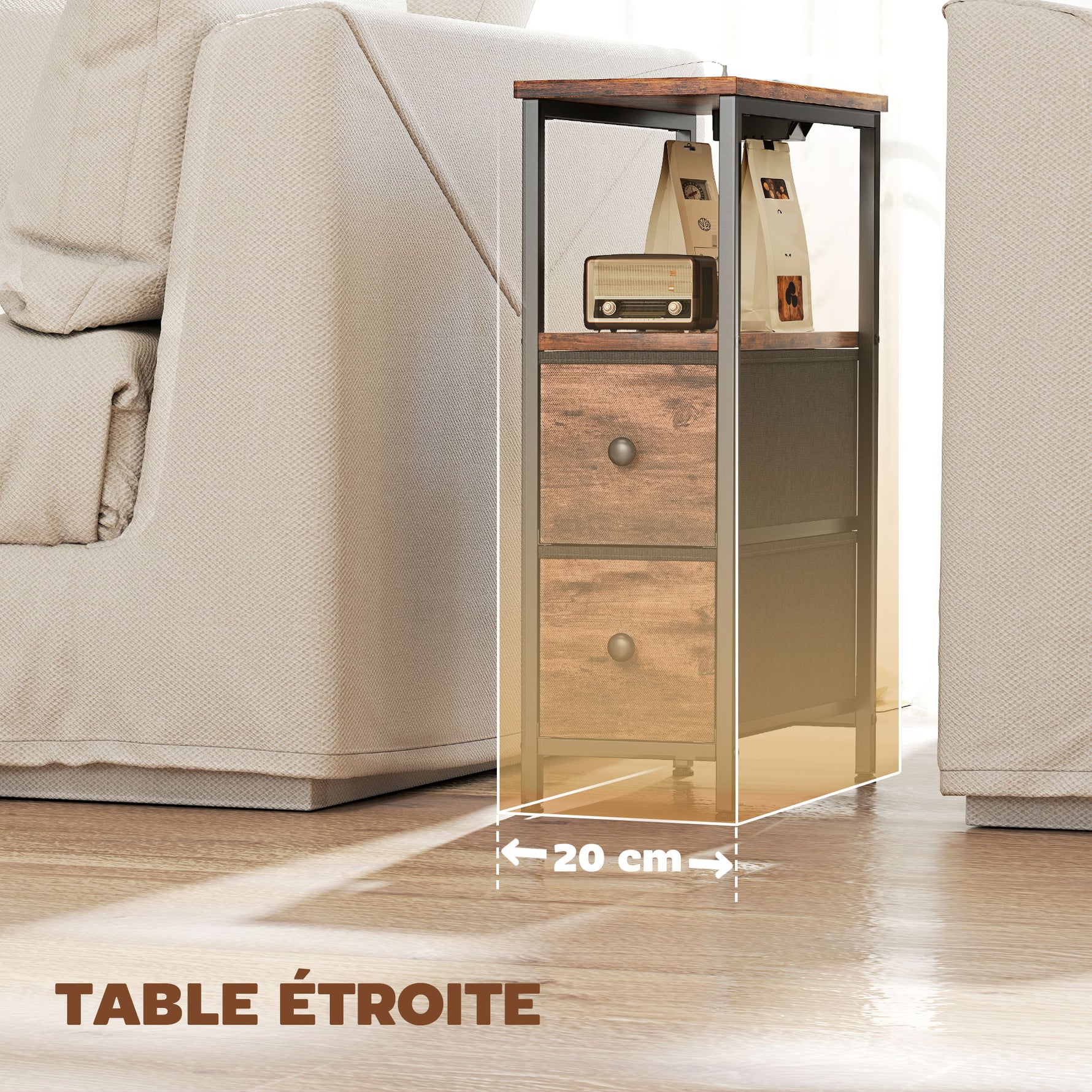 Table d'appoint avec station de charge, table de salon étroite avec 2 tiroirs en tissu, étagère ouverte, brun rustique