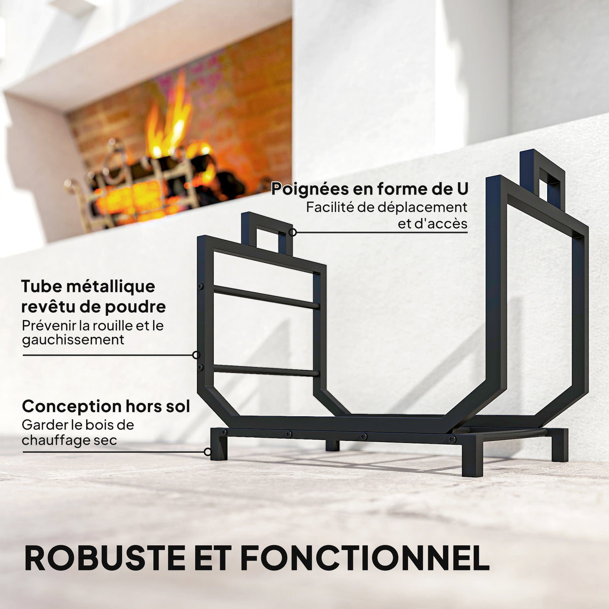 Range-bûches porte buche avec sac de transport et poignées pour intérieure, en métal robuste, 53 x 33 x 43 cm, noir