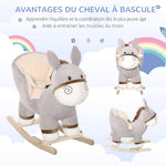 Cheval à Bascule modèle âne Fonction Musicale Selle Grand Confort Peluche Courte Douce Bois peuplier Gris dim. 61L x 34l x 58H cm