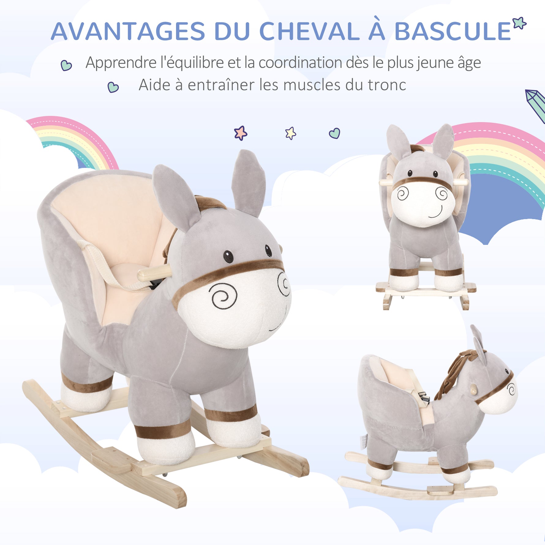 Cheval à Bascule modèle âne Fonction Musicale Selle Grand Confort Peluche Courte Douce Bois peuplier Gris dim. 61L x 34l x 58H cm