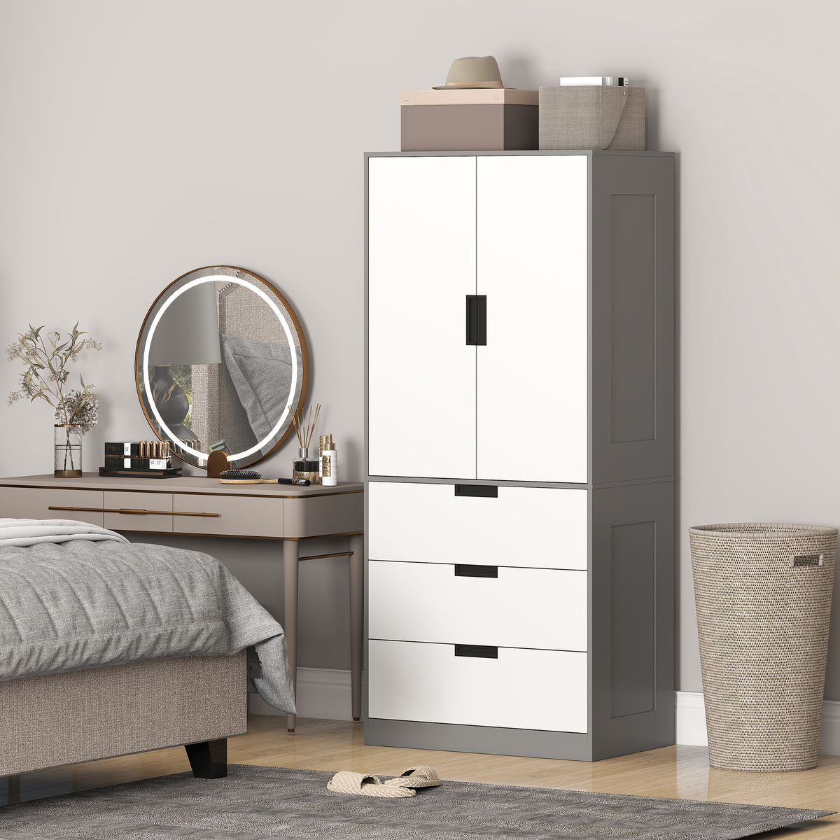Armoire chambre penderie avec 2 portes à fermeture douce, 3 tiroirs et barre de suspension, 80x50x180cm, gris et blanc