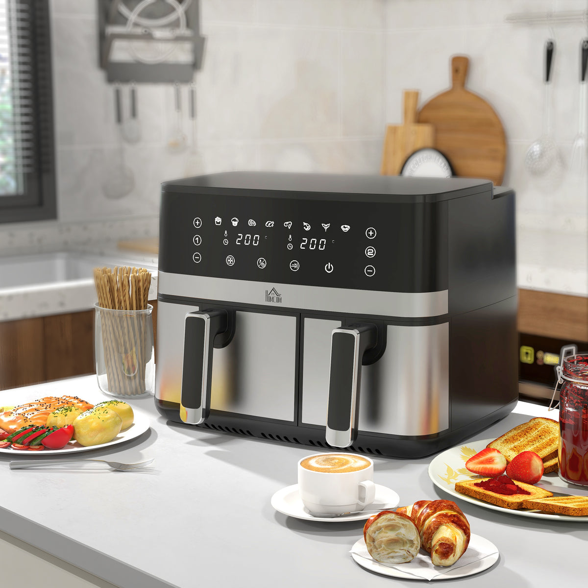 Olio gabeko aire-frijigailua, Air Fryer, konpartimentu bikoitza 8,5 L, 2700 W - 8 programa, tenperatura erregulagarria, tenporizadorea