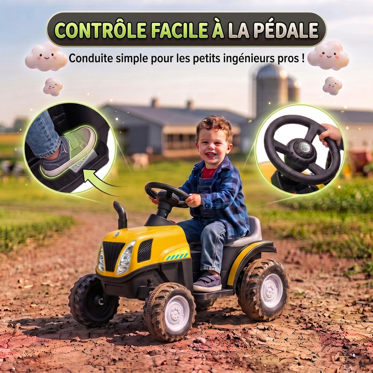 Trattore Elettrico per Bambini 6V con Rimorchio Rimovibile, Auto Elettrica per Bambini, Batteria al Litio, 1-3 anni, Giallo