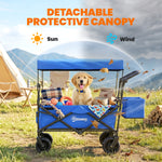 Chariot de Transport Pliable Tout Terrain 180 L, Poignée Télescopique Pousser-Tirer 2 en 1, Auvent Amovible, Bleu