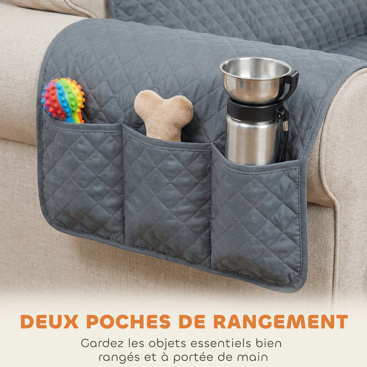 Housse de Canapé Protecteur de Meubles 3 Places Imperméable Anti-glisse avec Poches de Rangement Gris