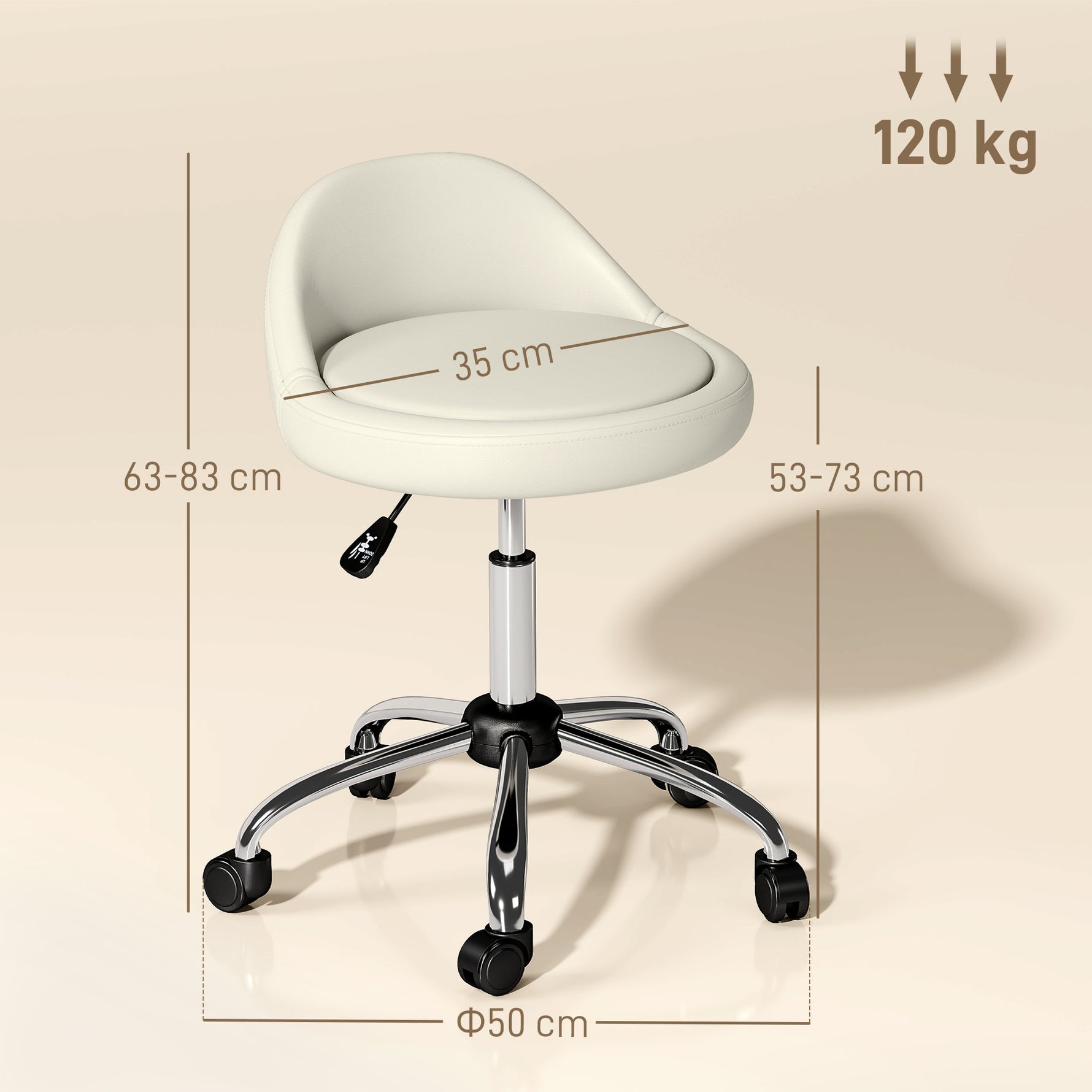 Tabouret à roulettes tabouret de travail pivotant 360° hauteur réglable 53-73 cm revêtement synthétique blanc