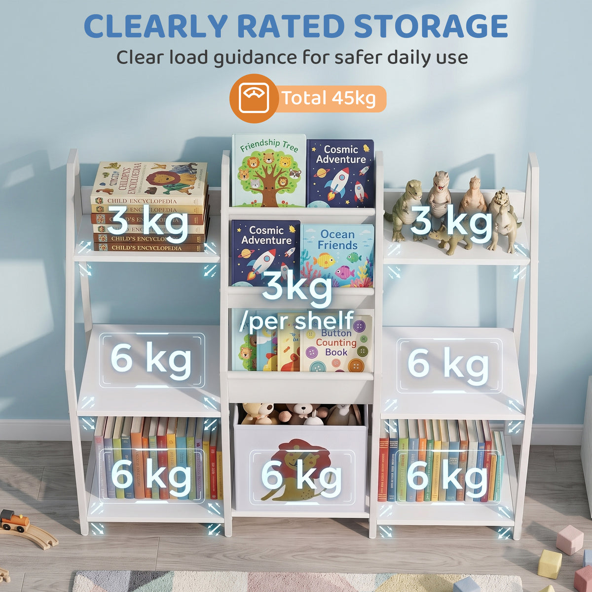 Kinderbücherregal mit 3 Ebenen, Kinderregal mit Stoffschublade, 93 x 30 x 76 cm, Weiß
