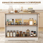 Table de bar, table haute cuisine à 3 niveaux 2 compartiments ouverts, plateau effet bois naturel 113 x 60 x 90 cm blanc
