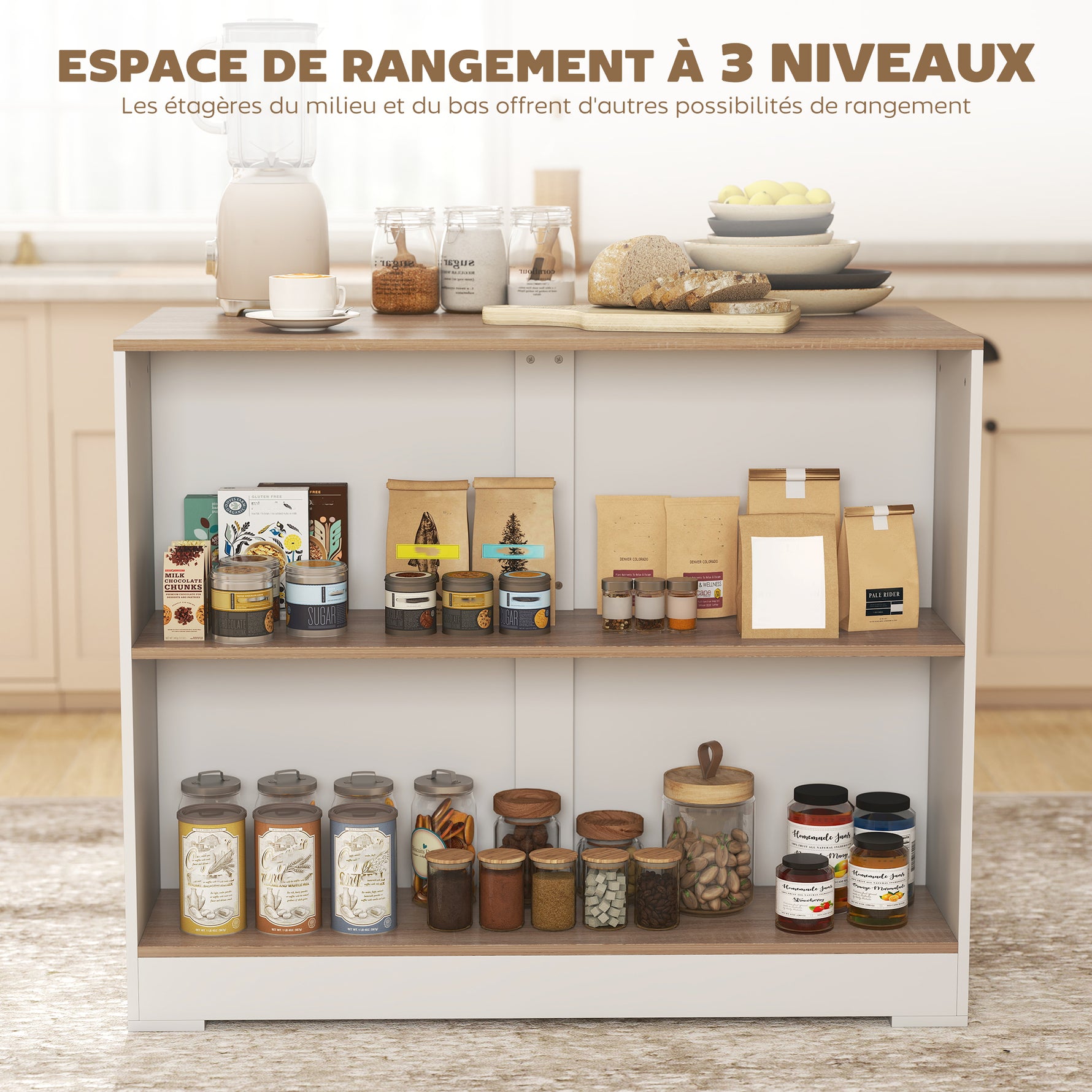 Table de bar, table haute cuisine à 3 niveaux 2 compartiments ouverts, plateau effet bois naturel 113 x 60 x 90 cm blanc