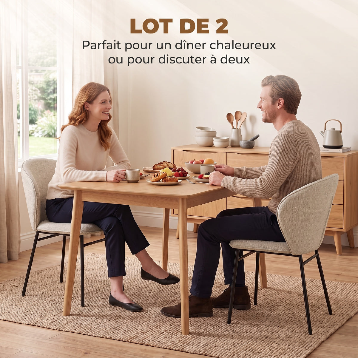 Juego de 2 sillas de comedor con asiento tapizado en tela efecto lino, patas de acero estable, diseño moderno, color crema
