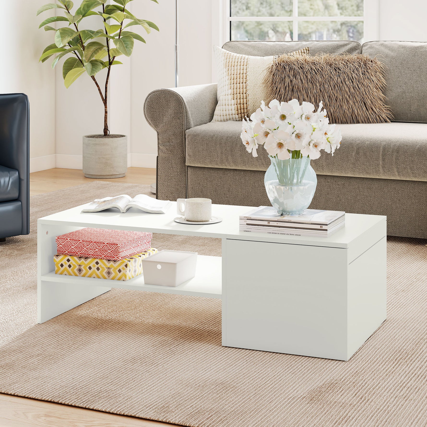 Table basse rectangulaire, table d'appoint plateau coulissant, rangement caché, étagère ouverte, 110 x 52 x 36 cm, blanc