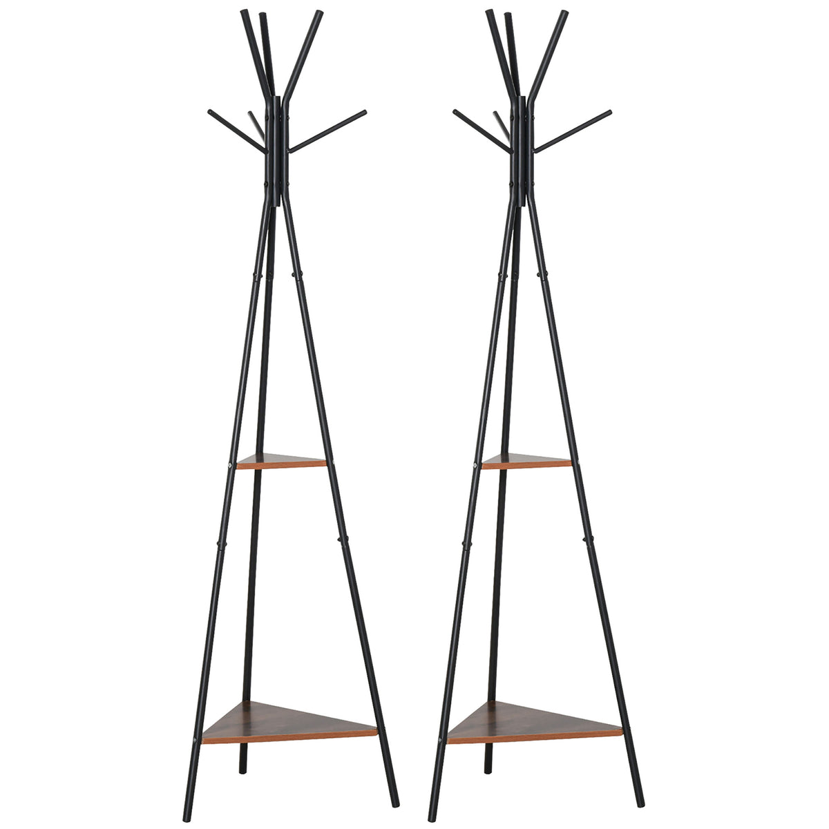 Lot de 2 porte-manteaux trépied meuble d'entrée style industriel branches 2 étagères + 6 patères métal noir