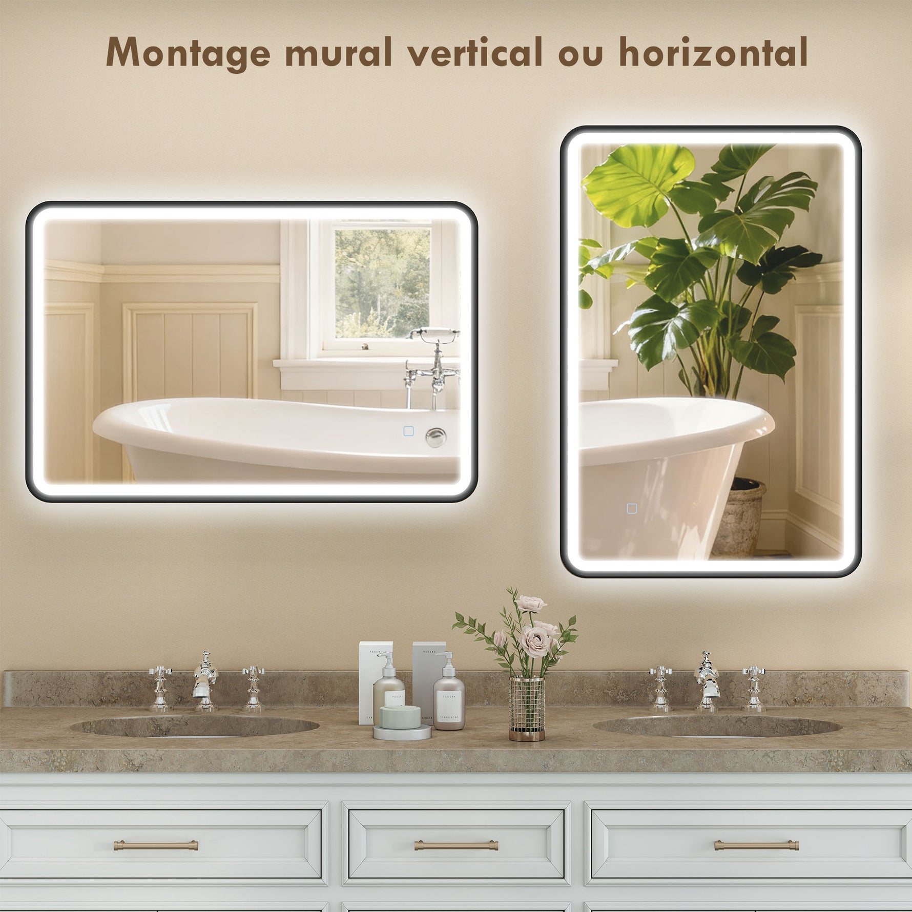 Miroir salle de bain avec éclairage 90 x 60 cm, miroir LED mural, anti-buée, 3 couleurs lumière, dimmable, noir