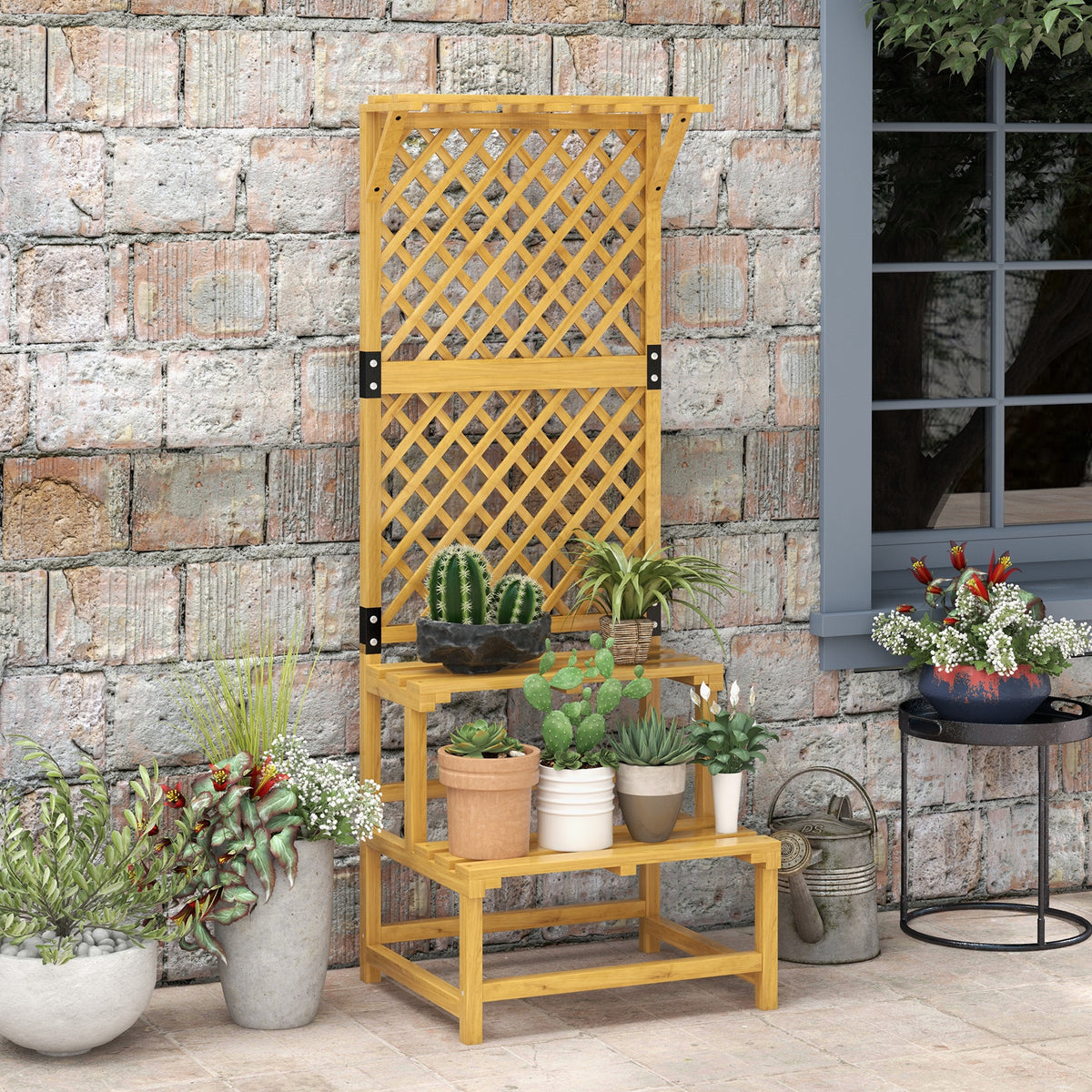 Support plantes intérieur porte plante intérieure à deux niveaux avec treillis 60 x 50 x 166 cm en bois massif jaune