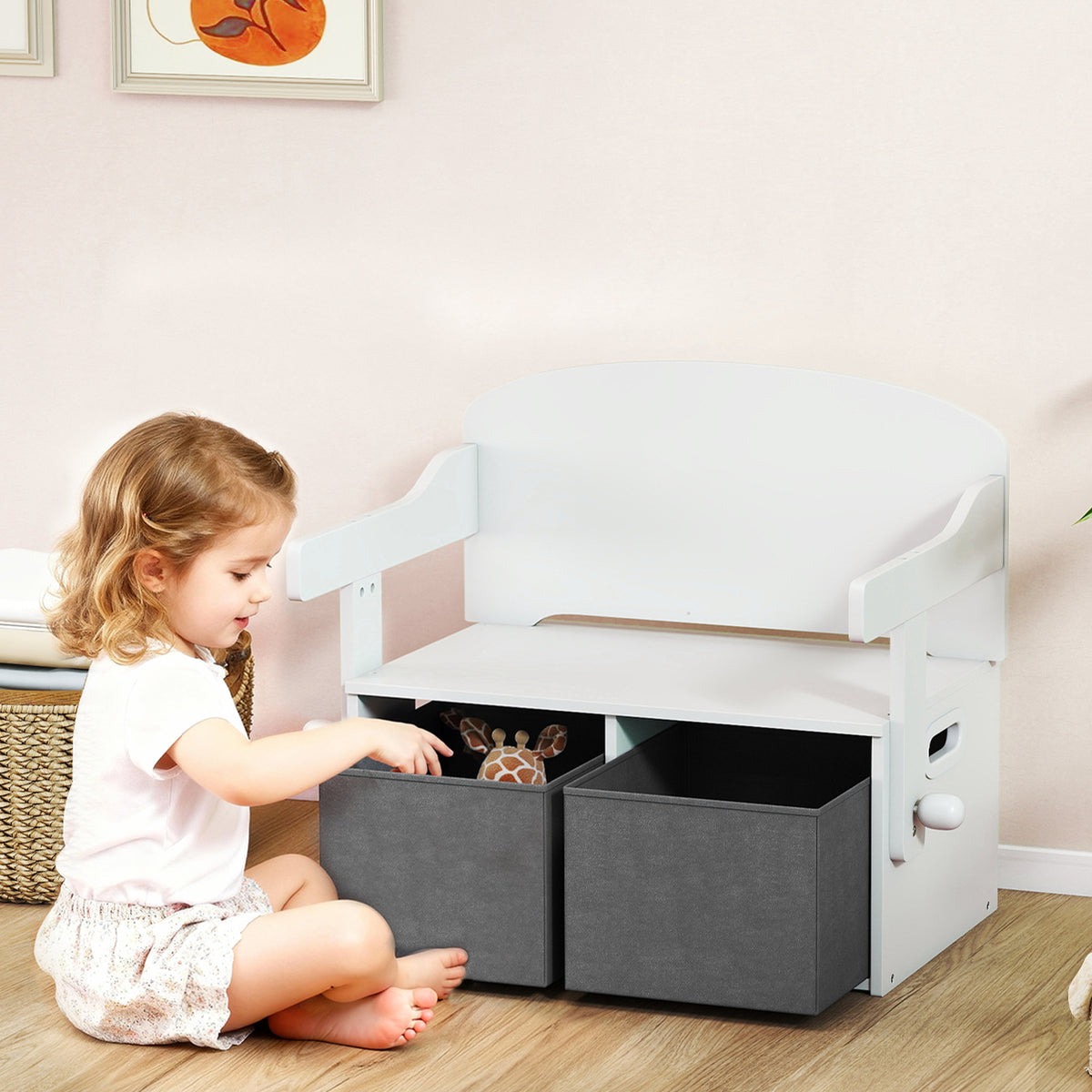 Coffre à jouet enfant 3 en 1, ensemble table et chaises avec 2 bacs en tissu amovibles, 67,5 x 46,5 x 56,7 cm, blanc