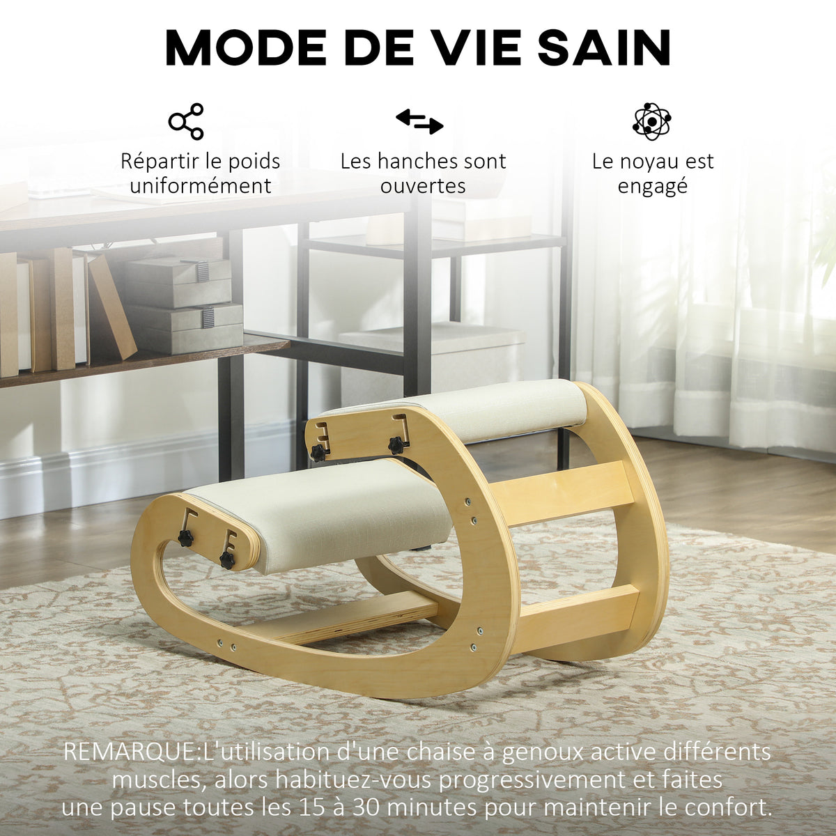Siège assis genoux, siège ergonomique en bois avec fonction à bascule, chaise à genoux réglable pour bureau à domicile